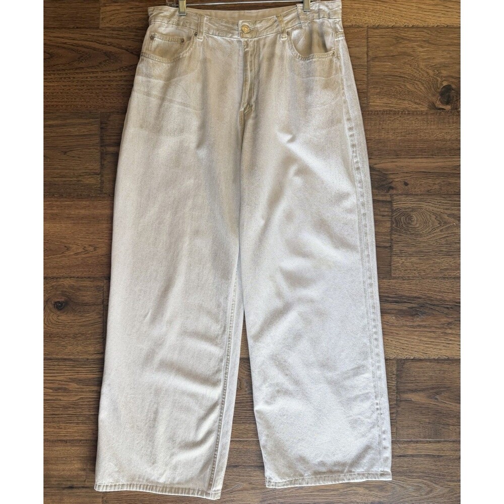 Zara High Rise Wide Leg Jeans Womens 14 Cream Off White Cotton Lyocell